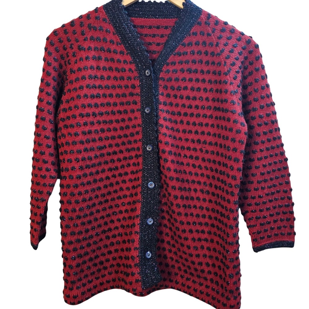Vintage Red Black Metallic Knit Cardigan Sweater Polka Dot Button Front Shimmer